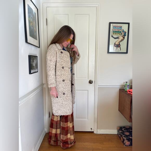 60s Vintage Collared Beige Knit Sweater Coat  w Double Breasted Buttons - Picture 3 of 9